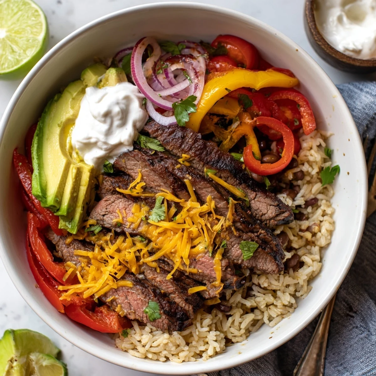 Marinated Steak Fajita Power Bowls layered over brown rice, black beans, cilantro.