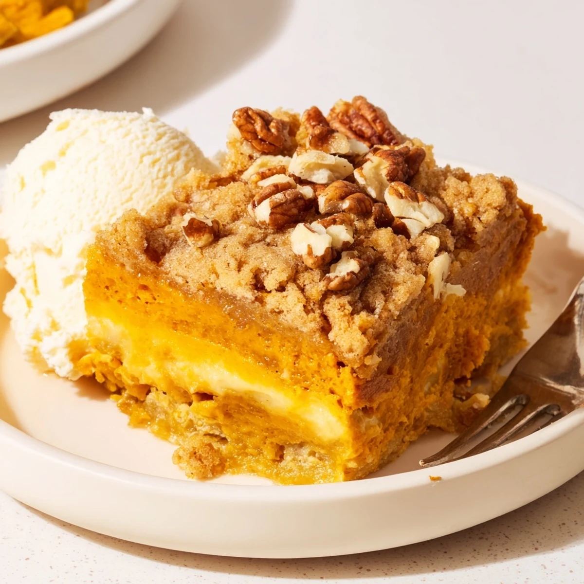 Warm Pumpkin Dump Cake bubbling with spiced pumpkin and crunchy pecan topping