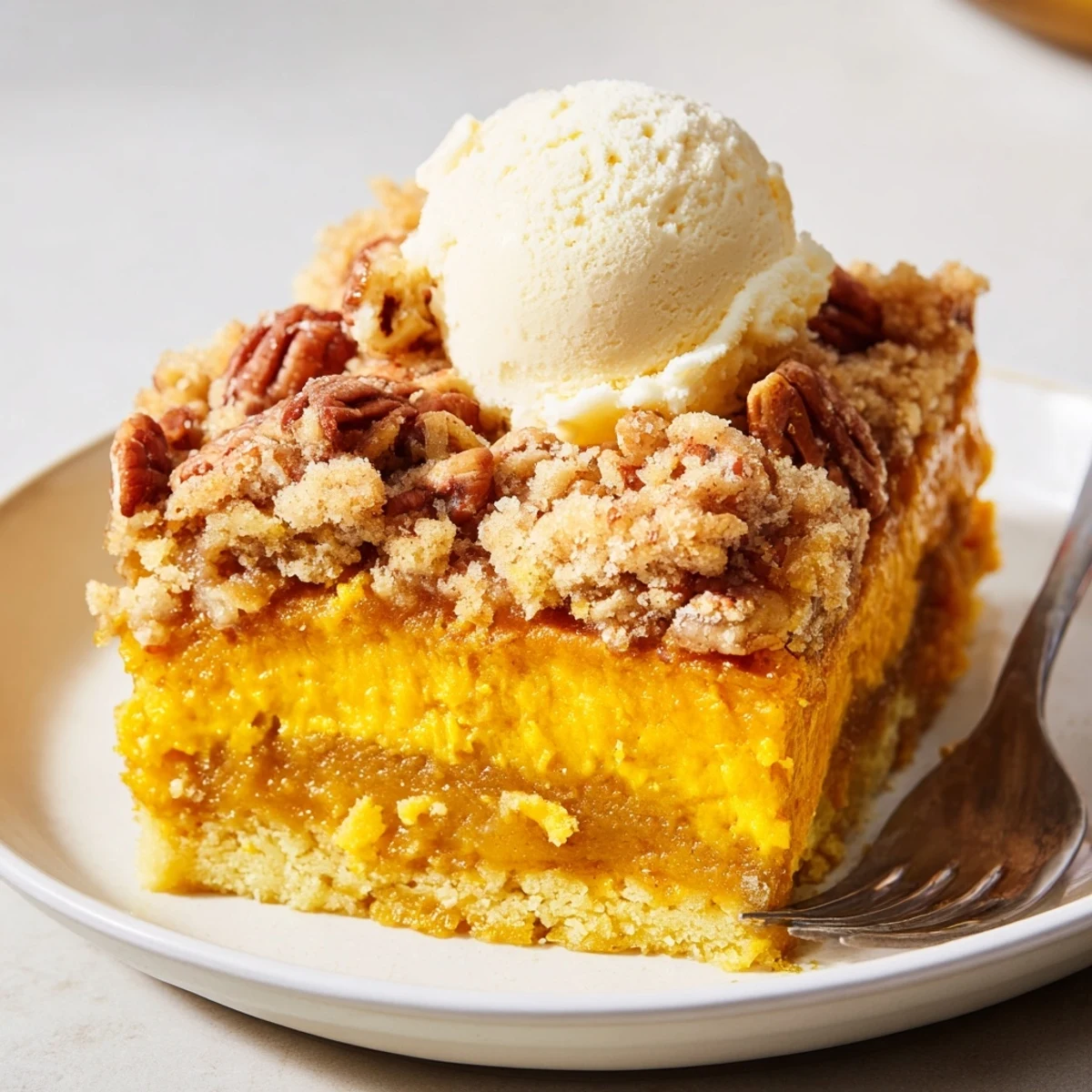 Sliced Pumpkin Dump Cake on plate, golden crust, served with vanilla ice cream