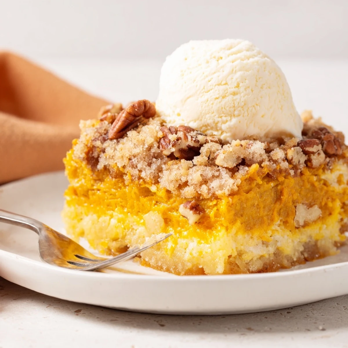 Homestyle Pumpkin Dump Cake cooling in pan, buttery cake mix and spice aroma