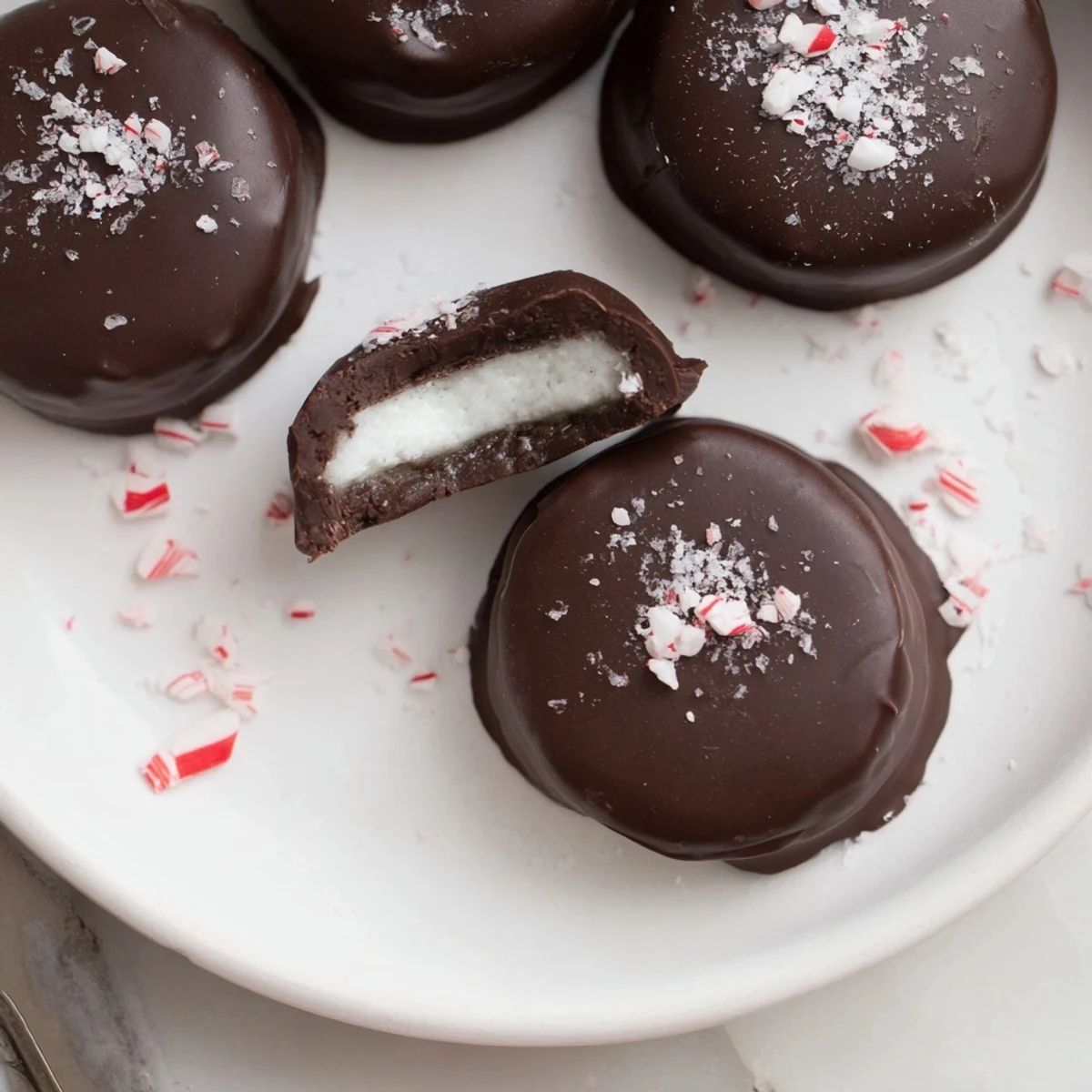 Peppermint Patties glistening with dark chocolate, resting on parchment, cool