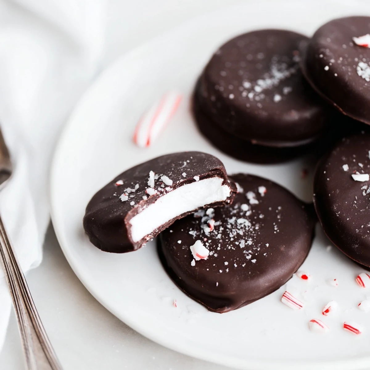 Homemade Peppermint Patties sliced to reveal creamy mint filling, ready to serve