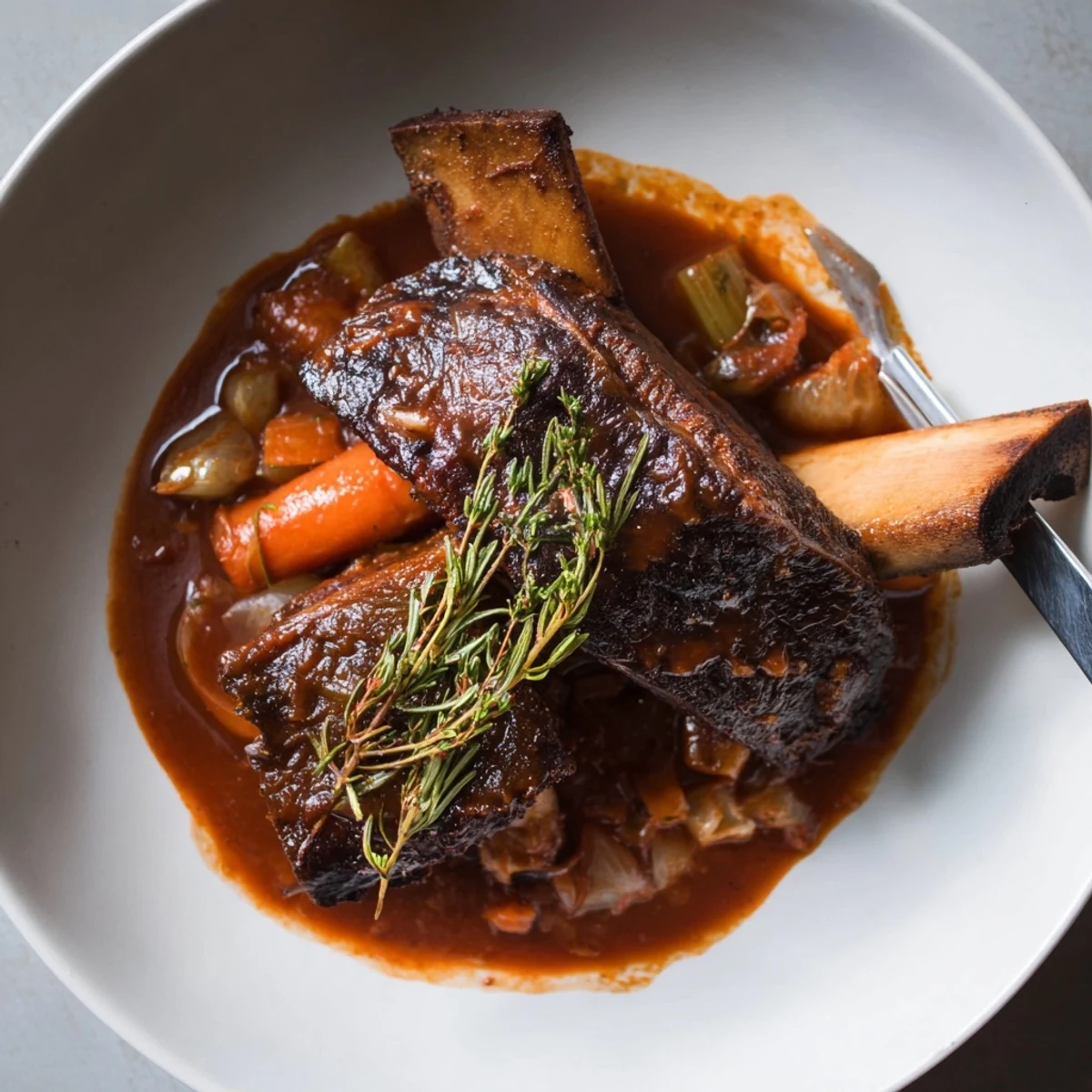 Slow Cooker Beef Short Ribs nestled on creamy polenta, vegetables visible and steaming