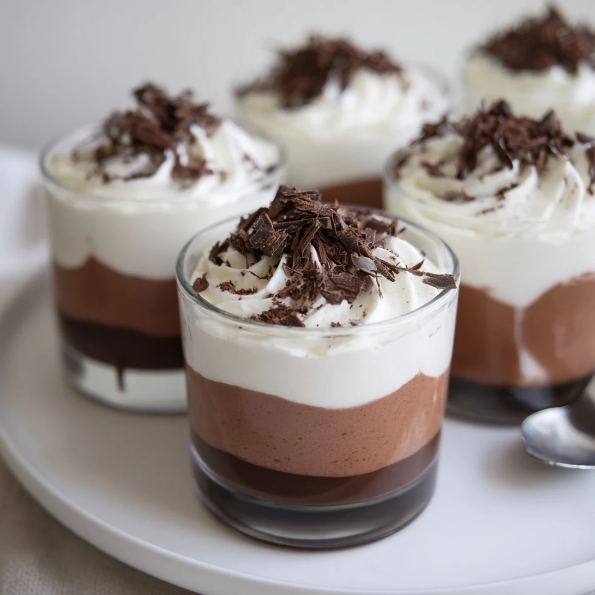 Triple Chocolate Mousse Cups layered in glasses, silky textures and shaved chocolate