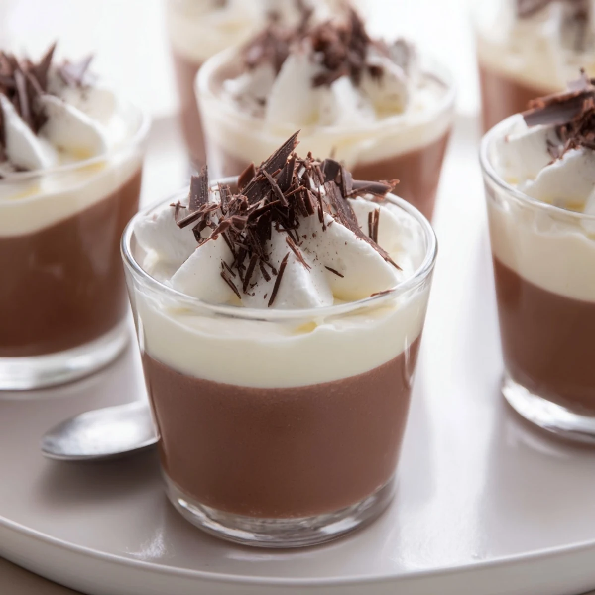 Six chilled Triple Chocolate Mousse Cups showing dark, milk, white mousse layers