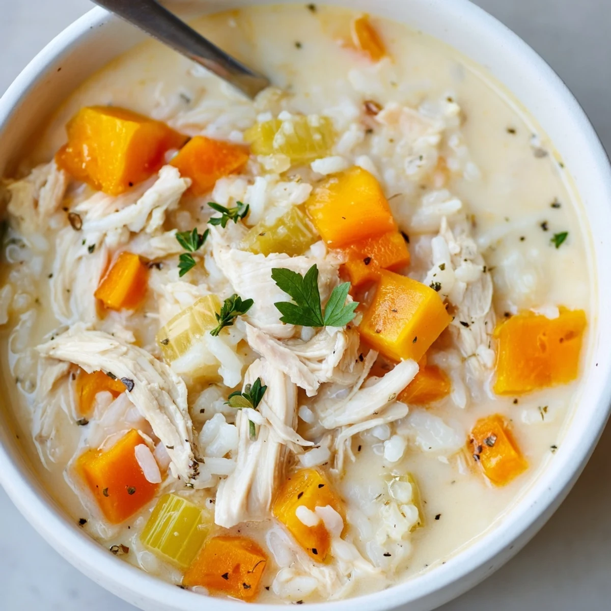 Creamy Chicken Rice Soup ladled with spoon beside crusty bread, warm and comforting