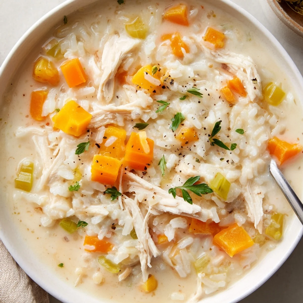 Bowl of Creamy Chicken Rice Soup garnished with parsley, rich broth aroma