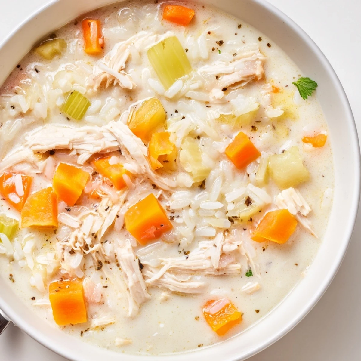 Creamy Chicken Rice Soup steaming in a bowl, tender chicken and rice