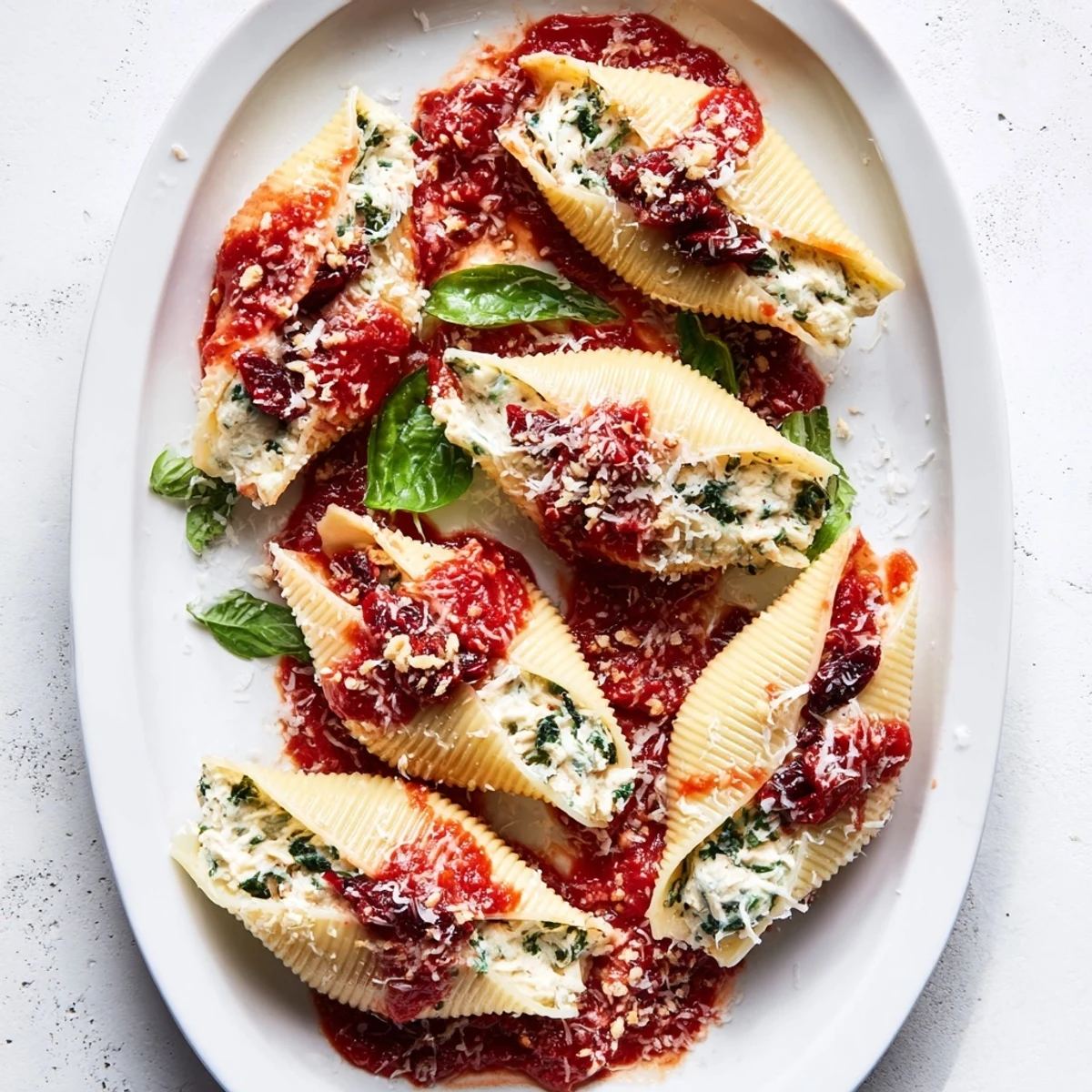 Festive Christmas stuffed pasta shells filled with creamy ricotta spinach and cranberries in rich tomato sauce