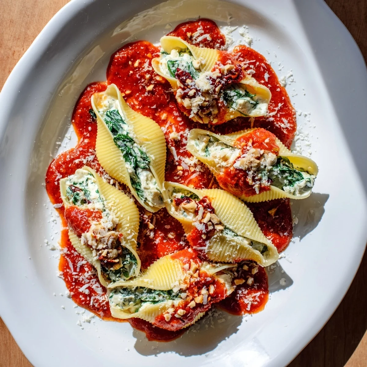 Holiday Christmas stuffed pasta dish with vibrant red cranberries and bubbling marinara on a white serving platter