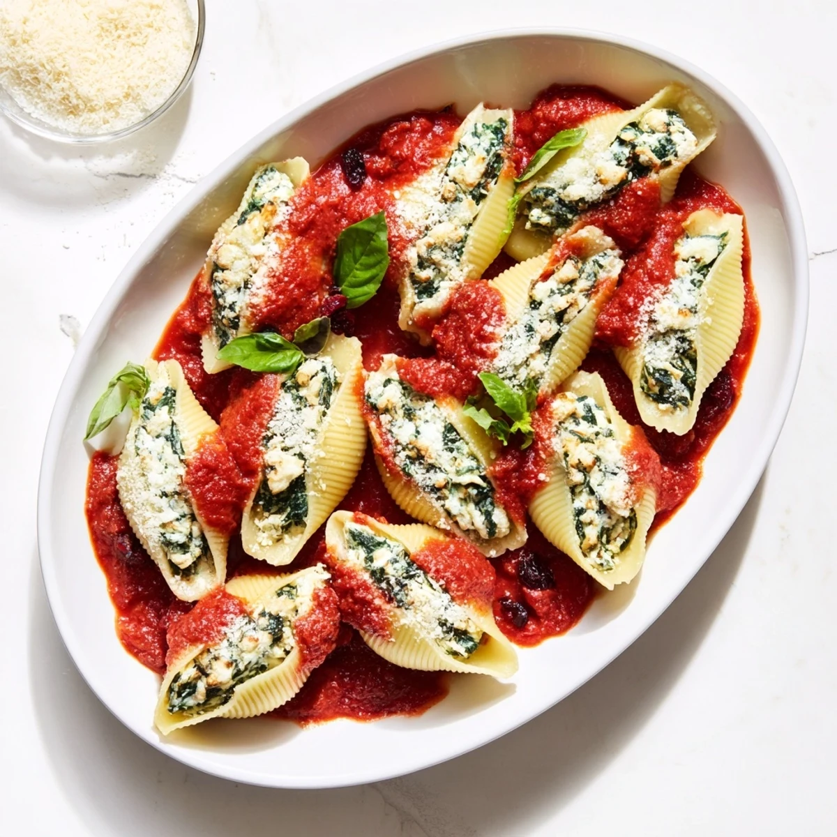 Golden baked Christmas stuffed pasta jumbo shells topped with melted parmesan and fresh basil garnish