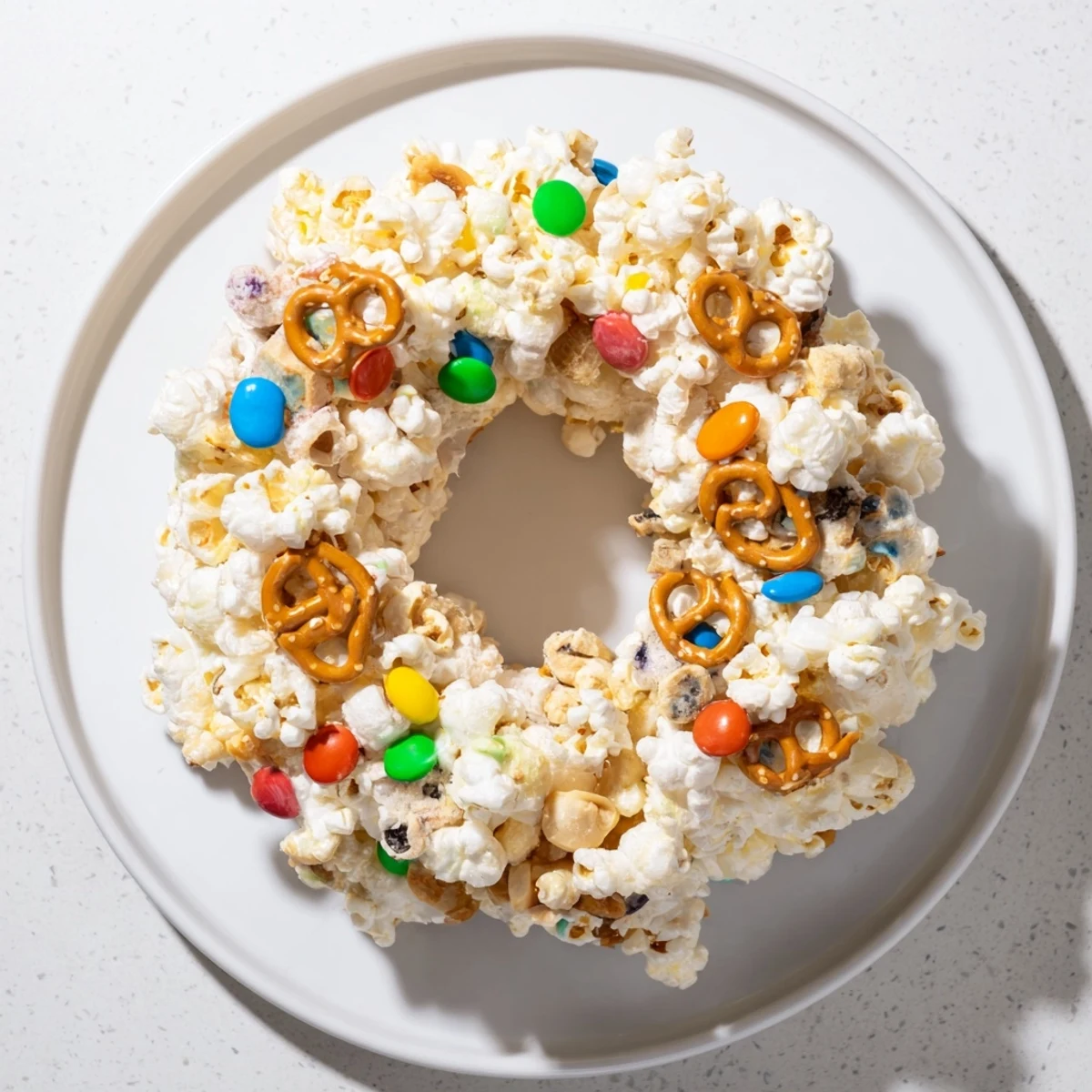 Colorful popcorn cake showing fluffy popcorn, marshmallows, and colorful candies pressed into a festive Bundt shape