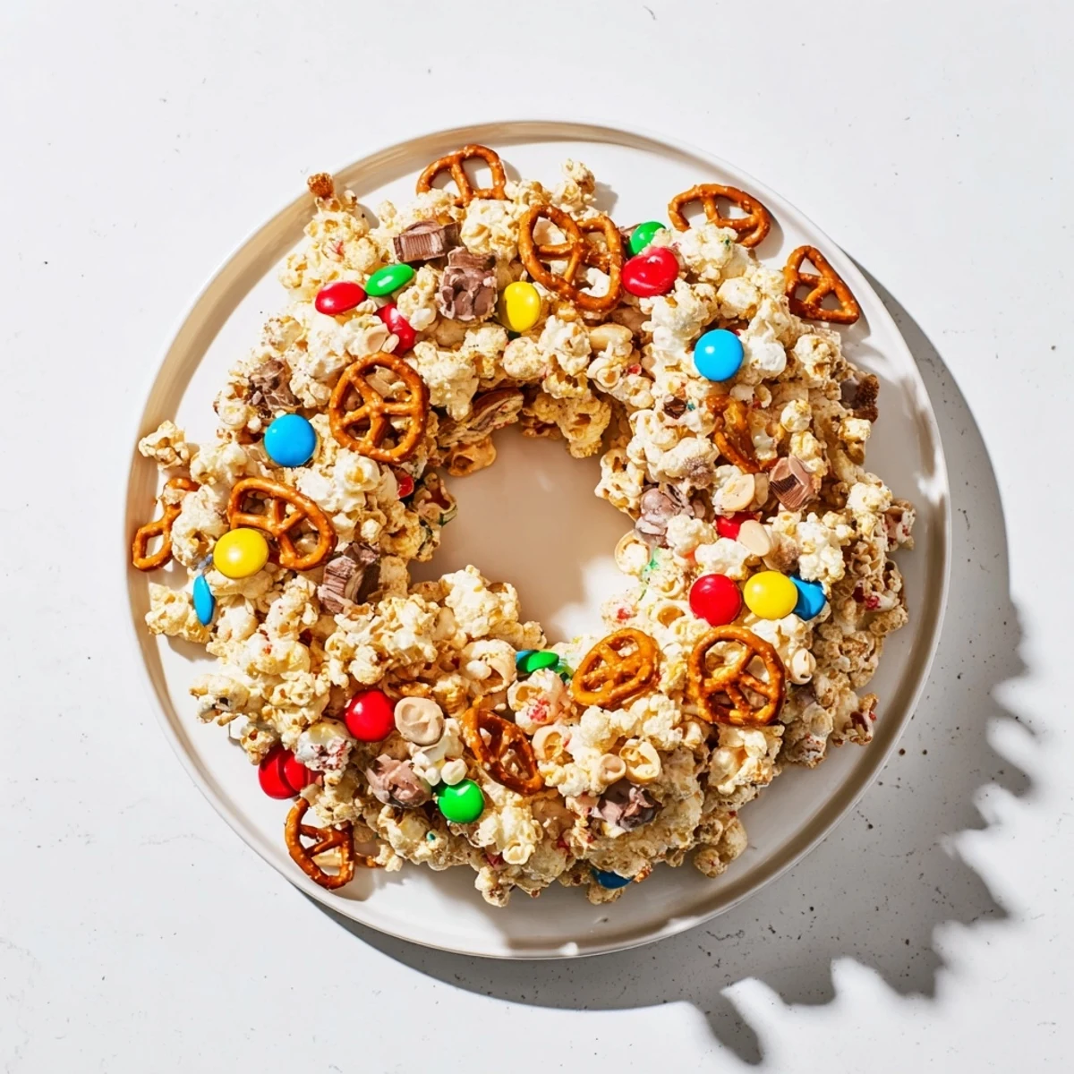 Playful dessert slice revealing gooey marshmallow-coated popcorn mixed with chocolate candies and salty pretzels