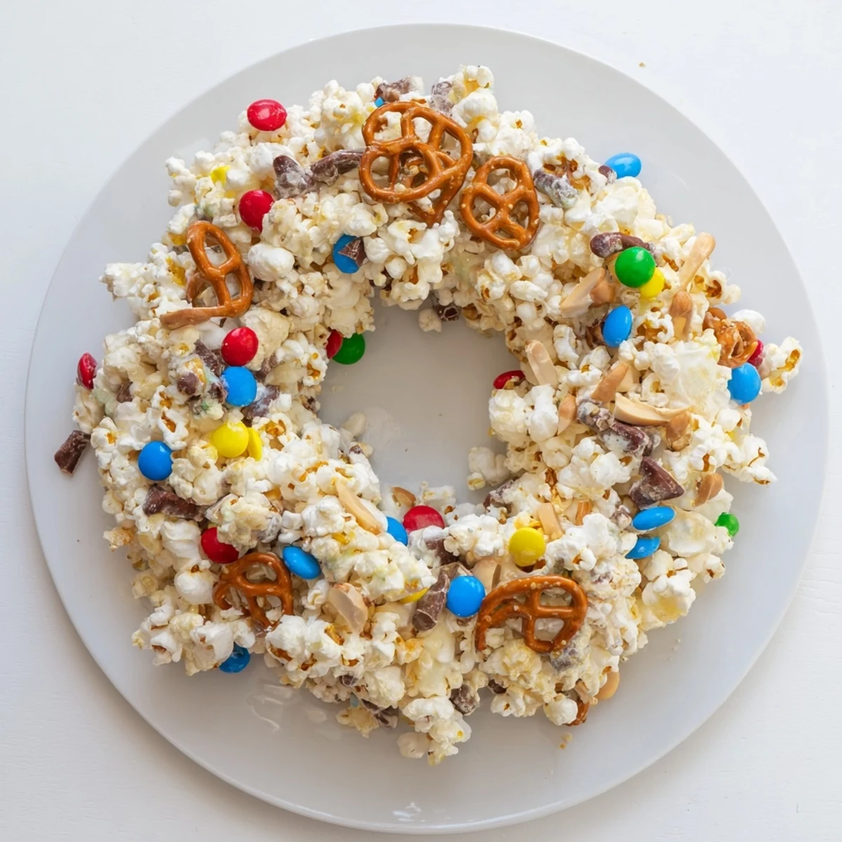 Sweet popcorn cake bundt topped with candy pieces, ready for birthday parties and celebrations