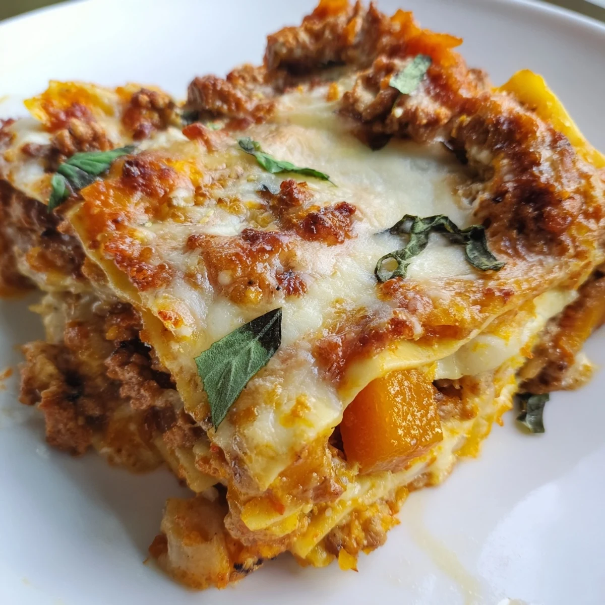 Golden brown butternut squash sausage lasagna with bubbling mozzarella and vibrant marinara sauce layers