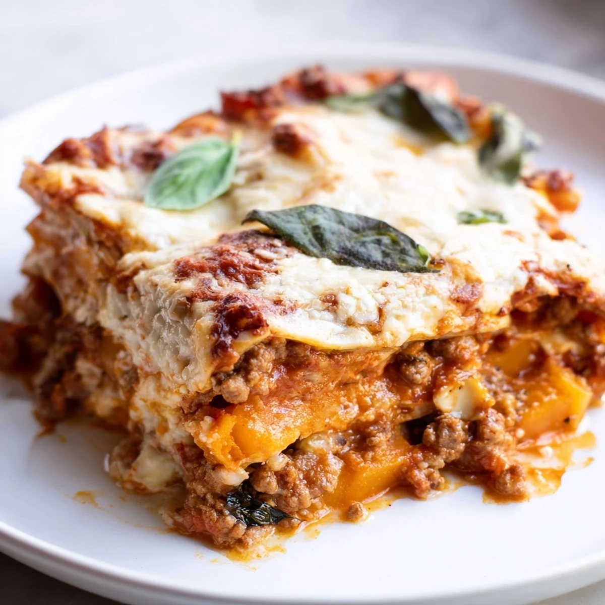 Sliced butternut squash sausage lasagna revealing tender roasted squash, Italian sausage, and creamy ricotta layers