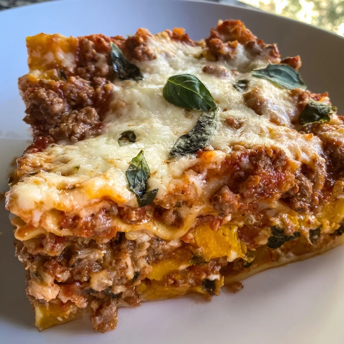Hearty butternut squash sausage lasagna plated with fresh basil garnish on rustic wooden surface