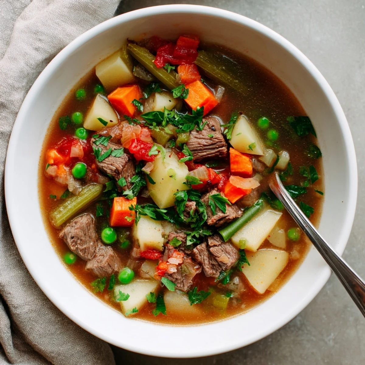 Close-up of braised vegetable beef soup featuring melt-in-your-mouth beef cubes and colorful garden vegetables simmered in deep red broth