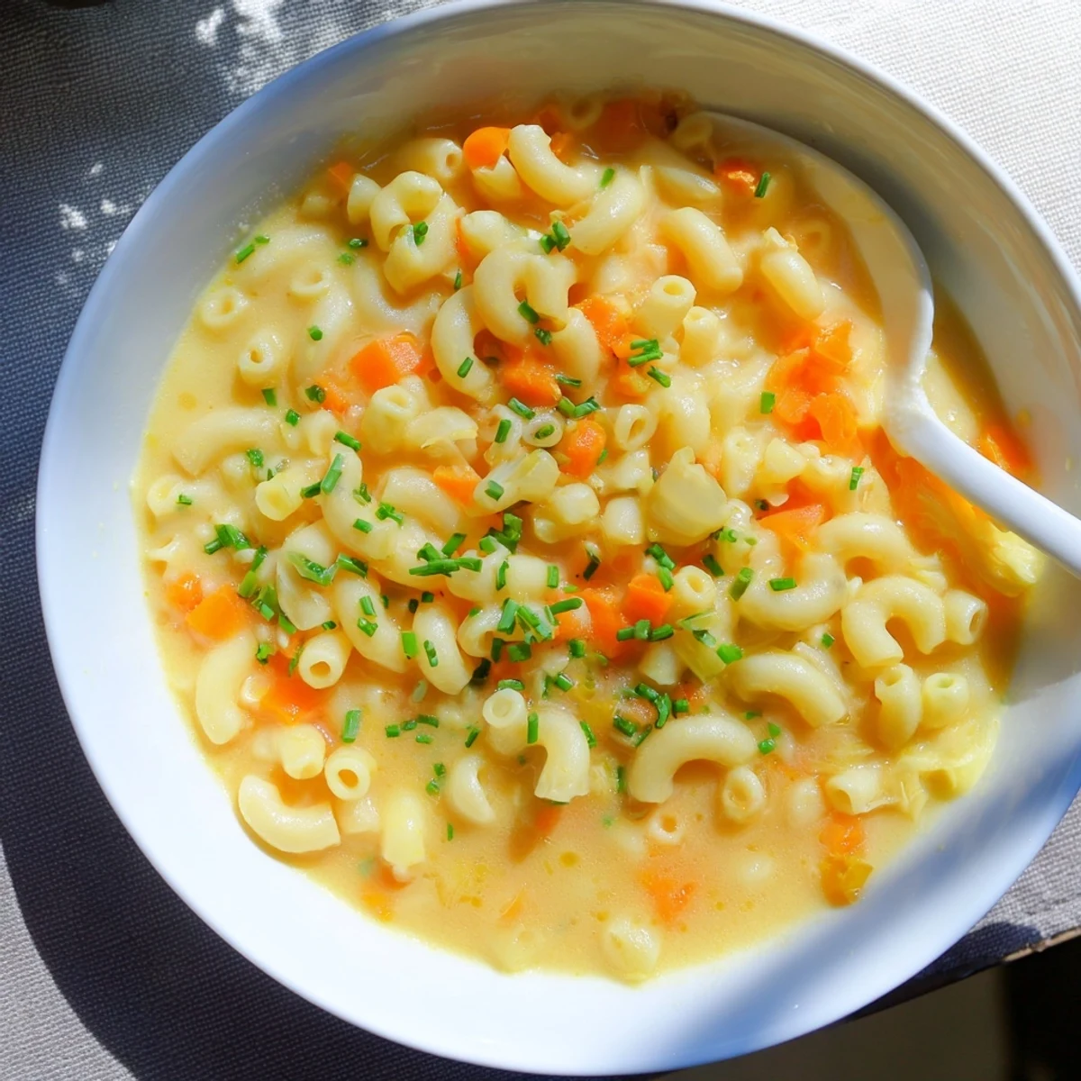 Rich homemade mac and cheese soup with tender elbow pasta swimming in melted cheddar