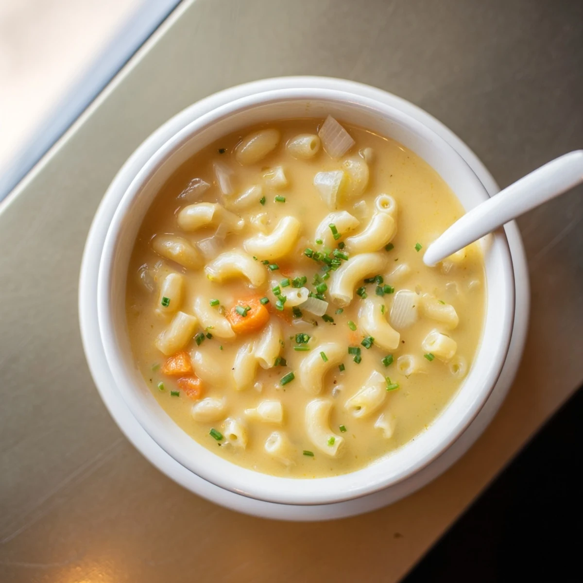 Spoonful of velvety mac and cheese soup featuring gooey cheese and macaroni noodles