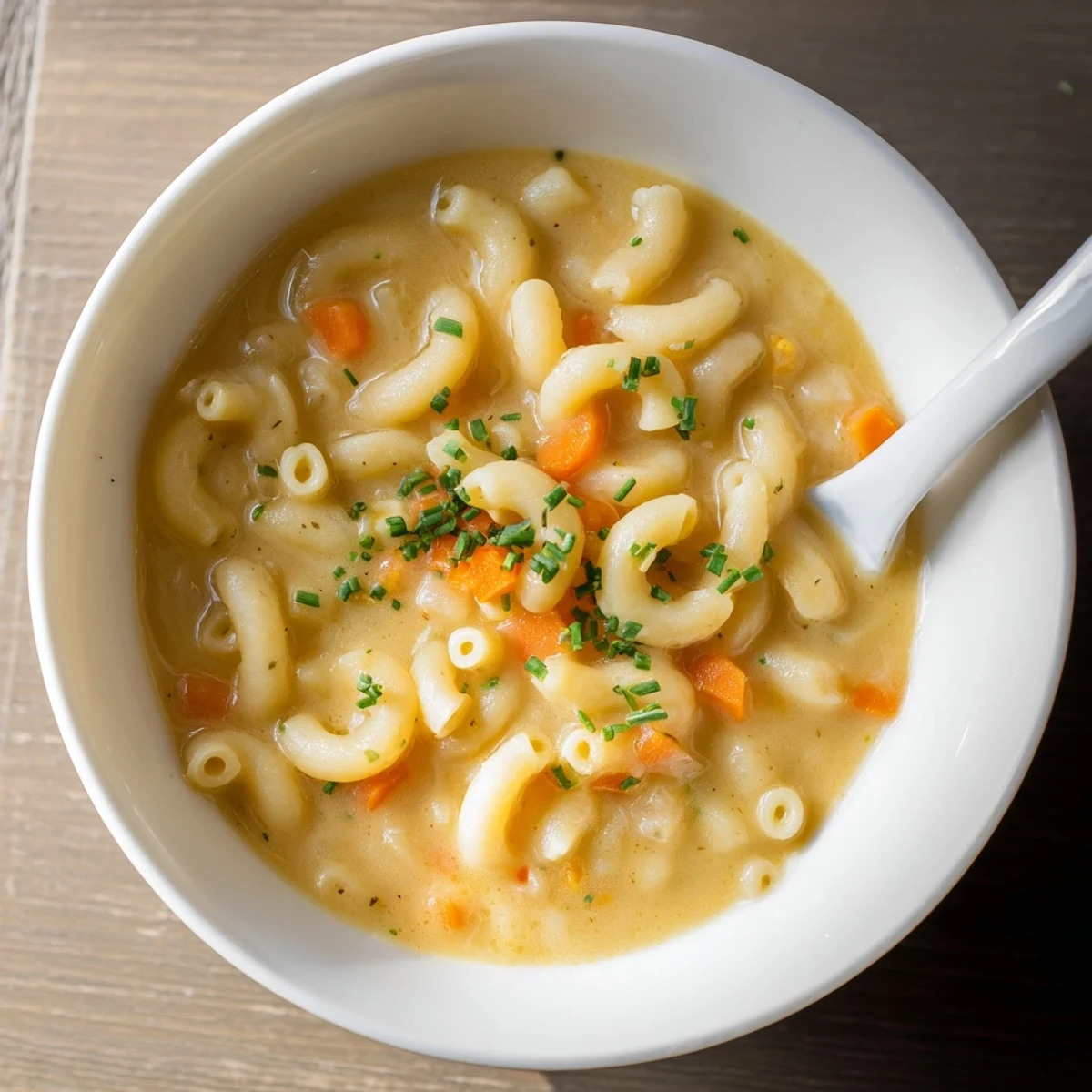 Creamy mac and cheese soup garnished with fresh chives in a white ceramic bowl