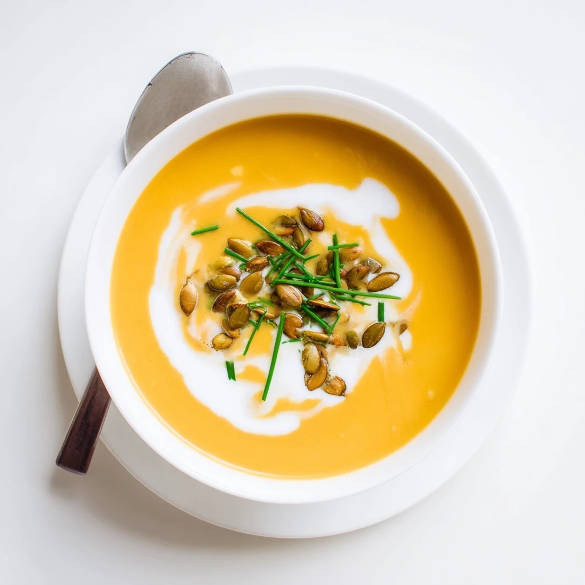Creamy butternut squash soup garnished with toasted pumpkin seeds and fresh chives