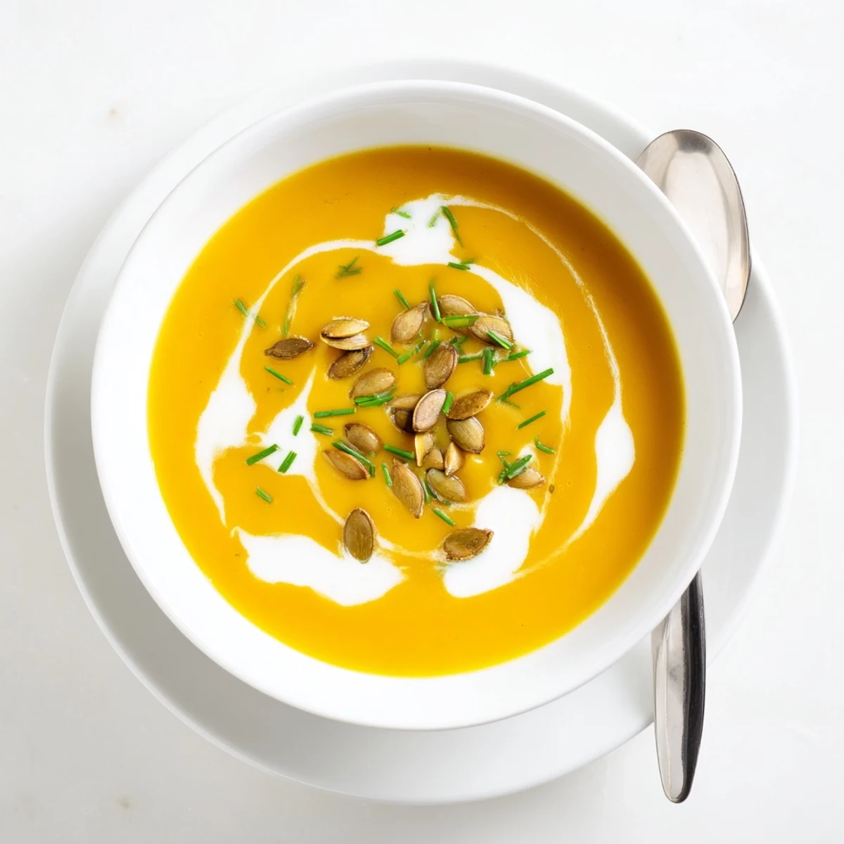 Roasted butternut squash soup steaming in white bowl with crusty bread on side
