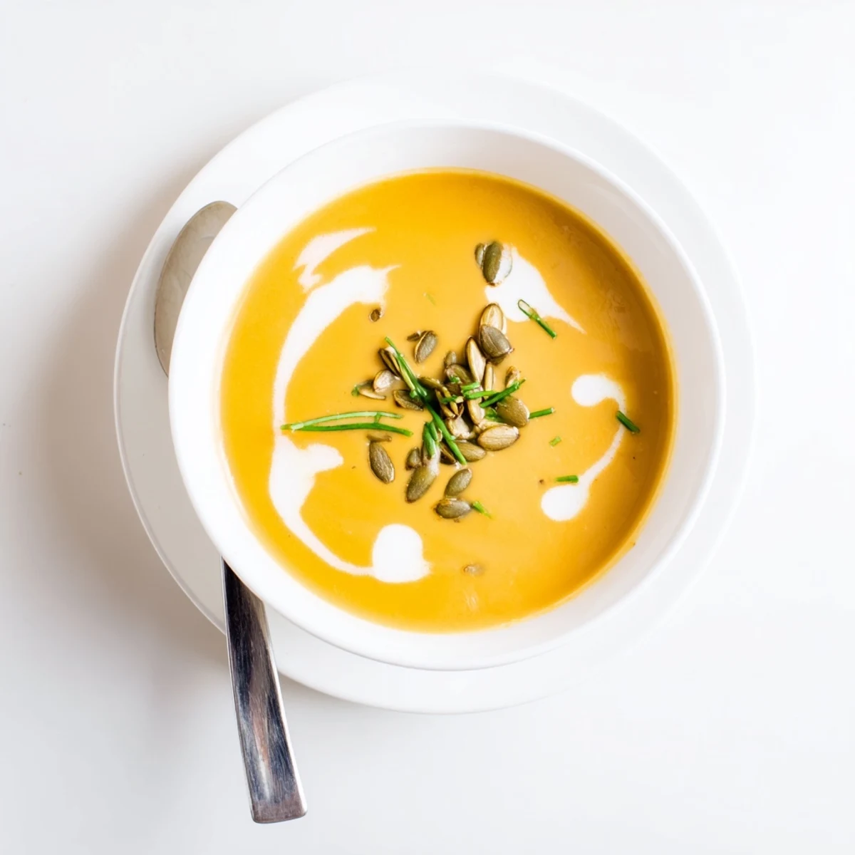Golden bowl of comforting butternut squash soup with swirl of coconut milk