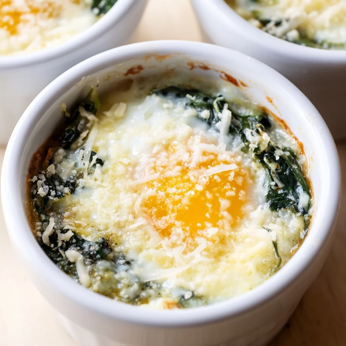 Golden baked eggs with spinach and melted Parmesan in individual ramekins