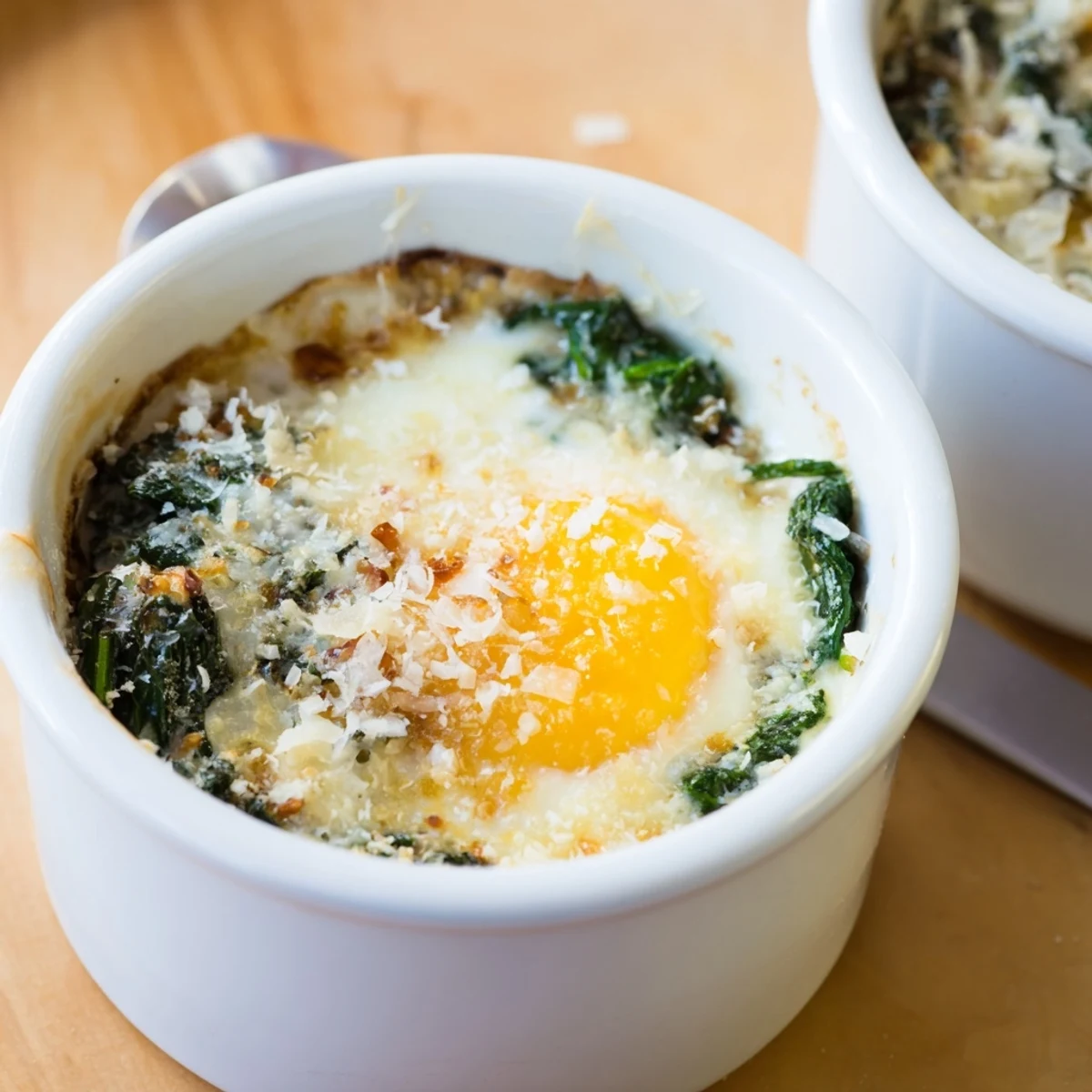 Creamy baked eggs spinach Parmesan dish with golden bubbling cheese topping