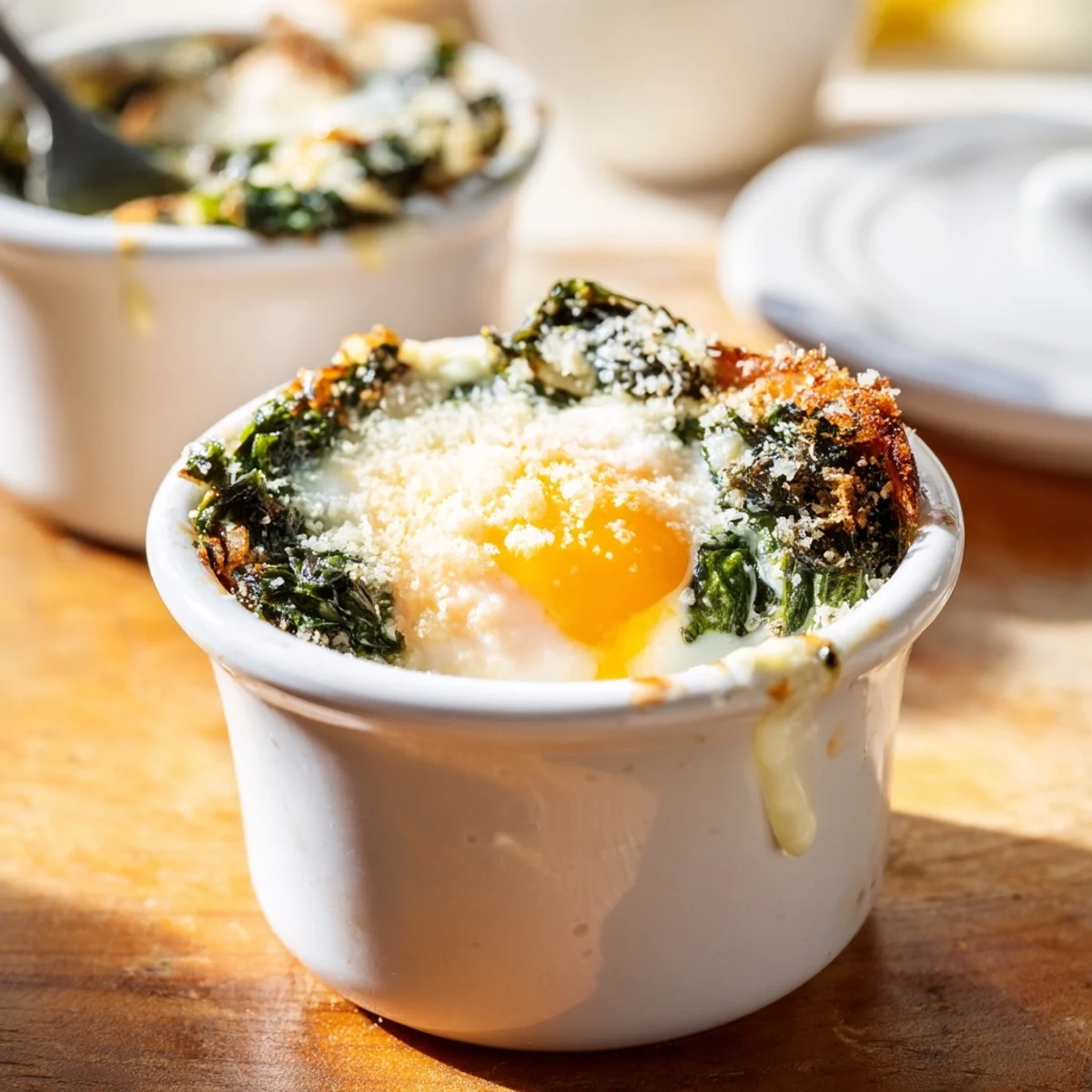 Savory Italian baked eggs nestled in wilted spinach with crispy Parmesan crust