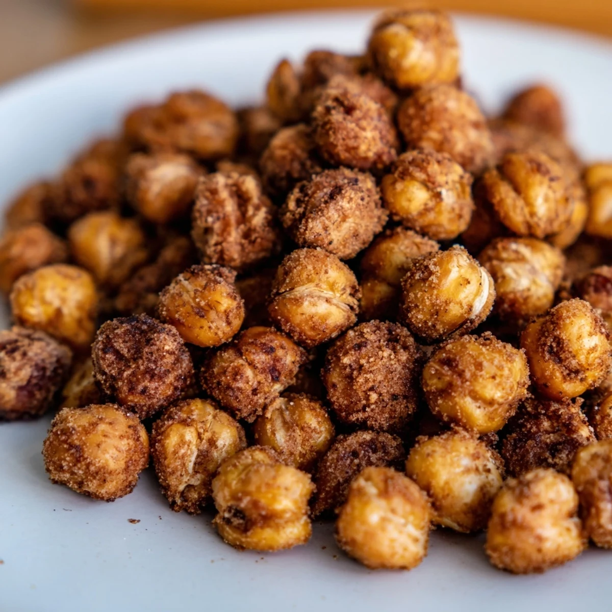 Golden brown cinnamon roasted chickpeas arranged on a white plate, lightly dusted with coconut sugar