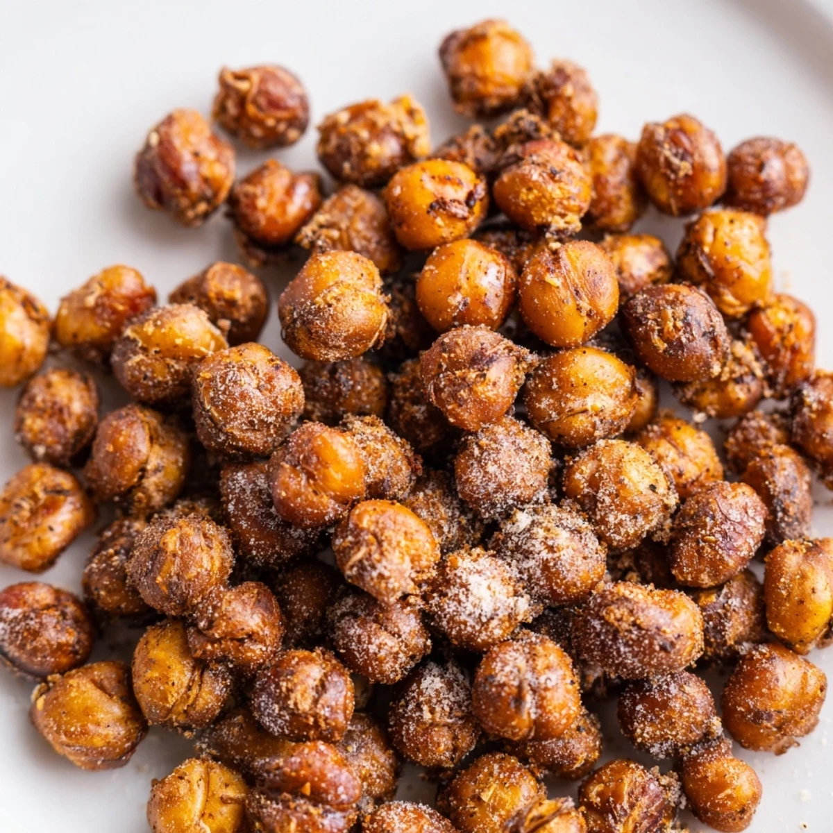 Crispy baked chickpeas coated in sweet cinnamon and maple syrup, cooling on a parchment-lined baking sheet
