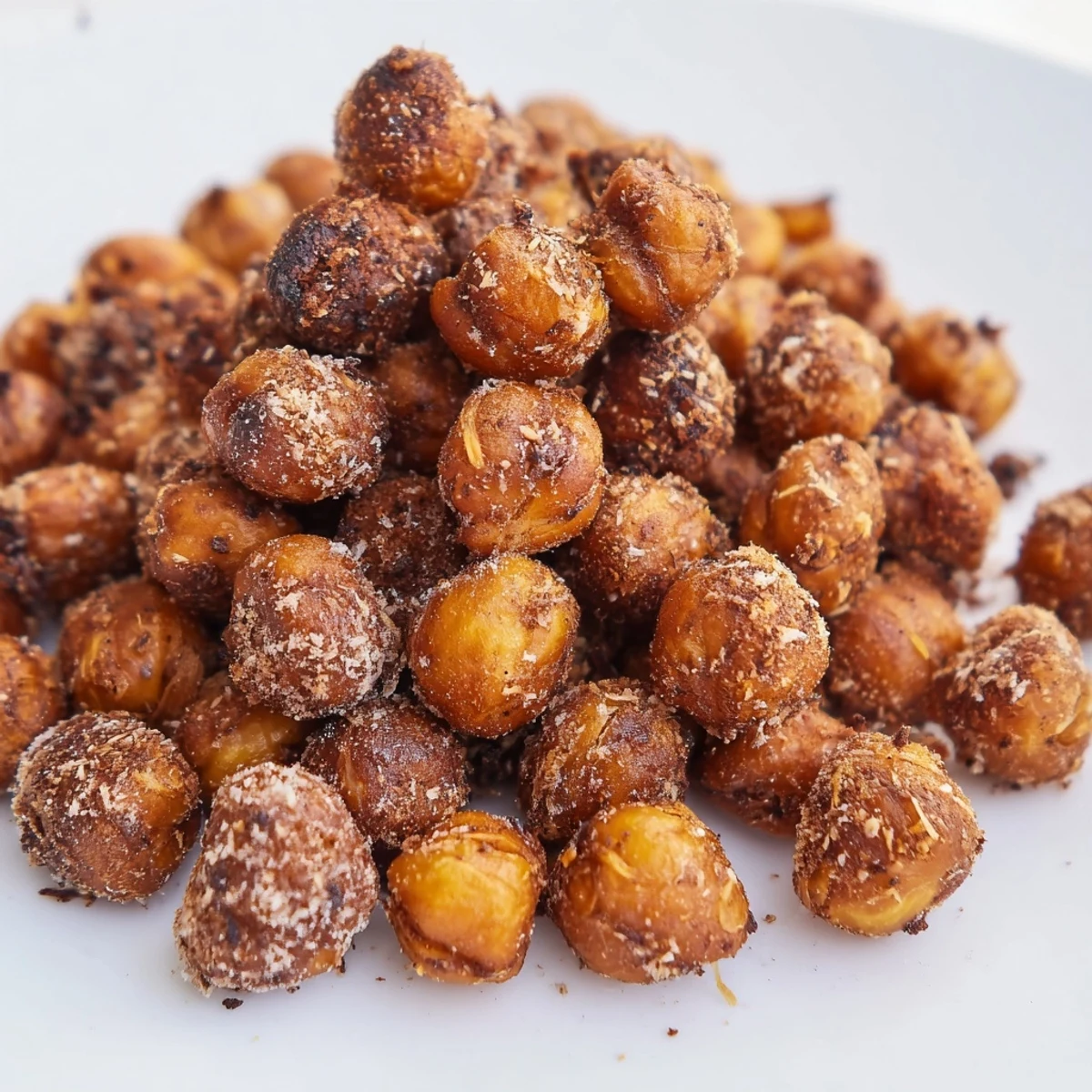 A rustic wooden bowl filled with crunchy spiced chickpeas, perfect for healthy vegan snacking