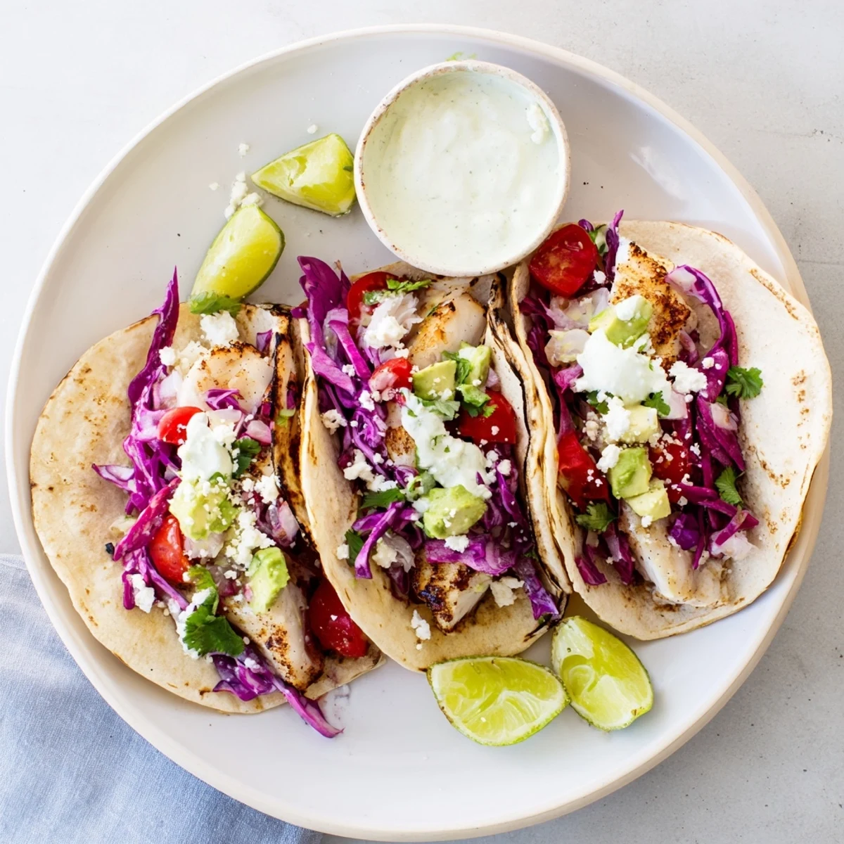 Golden grilled fish fillets nestled in warm corn tortillas with fresh cilantro, vibrant cabbage, and creamy lime drizzle