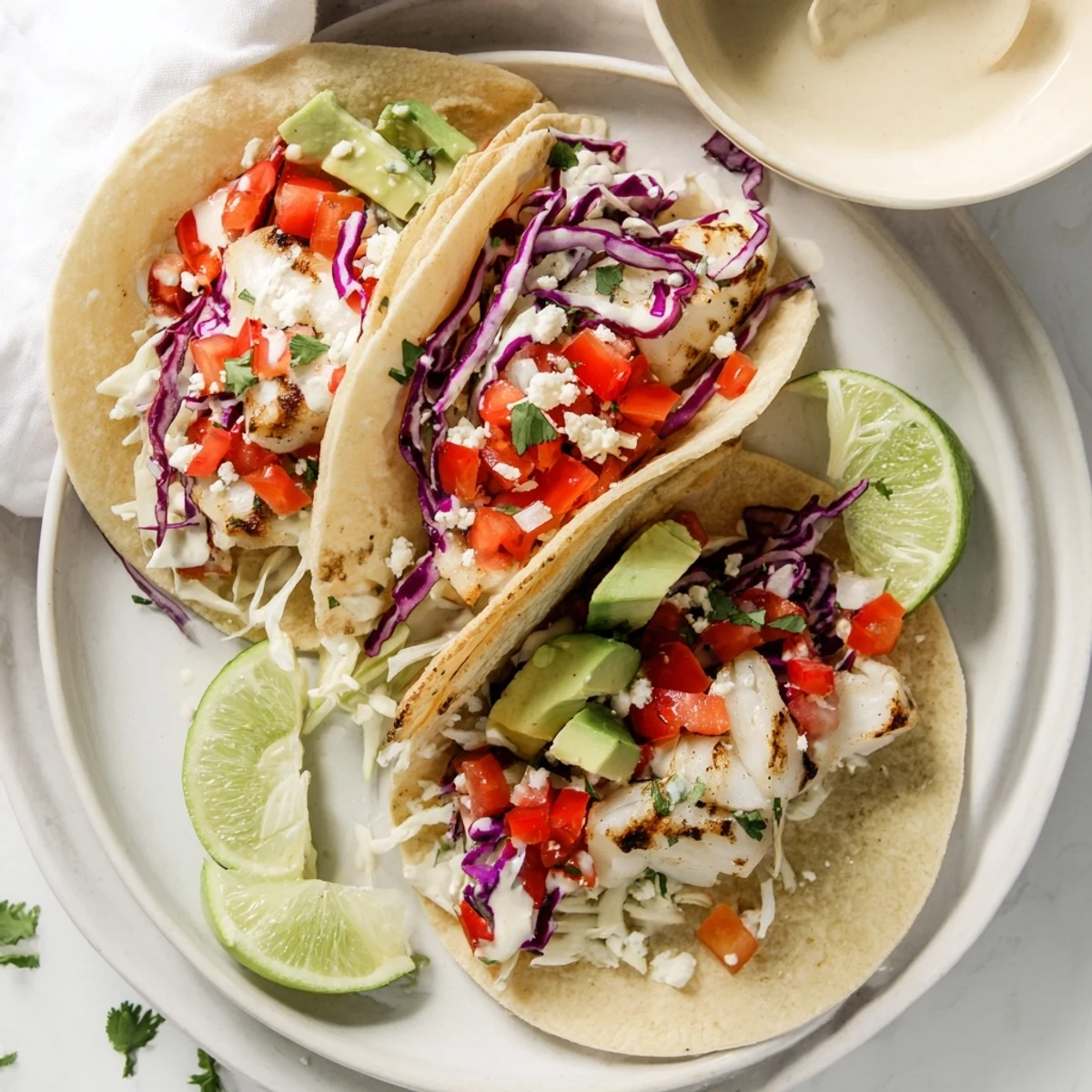 Flaky spiced grilled fish tacos topped with ripe avocado slices, crumbled cotija cheese, and zesty lime wedges on a plate