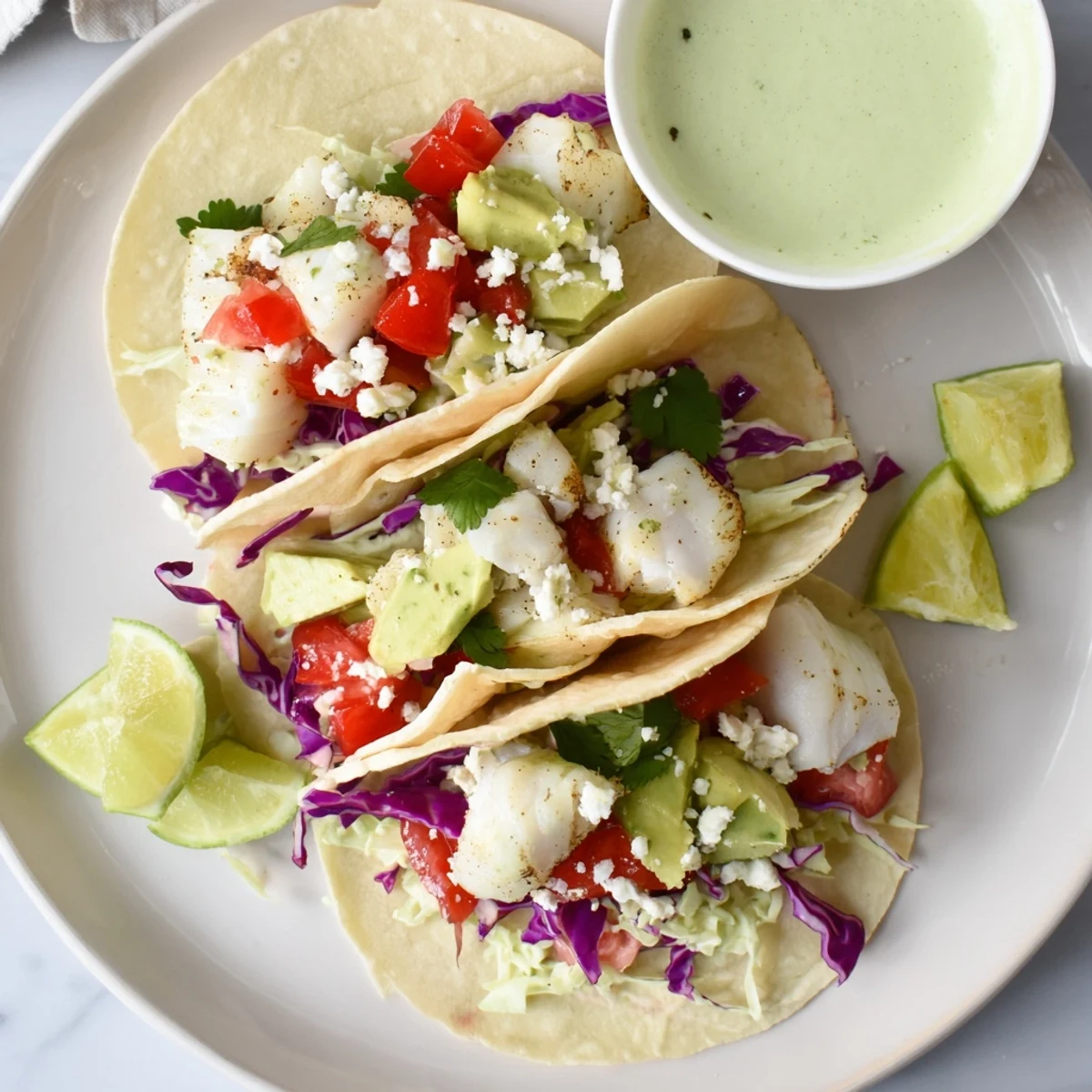 Homemade grilled fish cilantro tacos stacked high with colorful toppings including red cabbage, tomatoes, and sour cream sauce