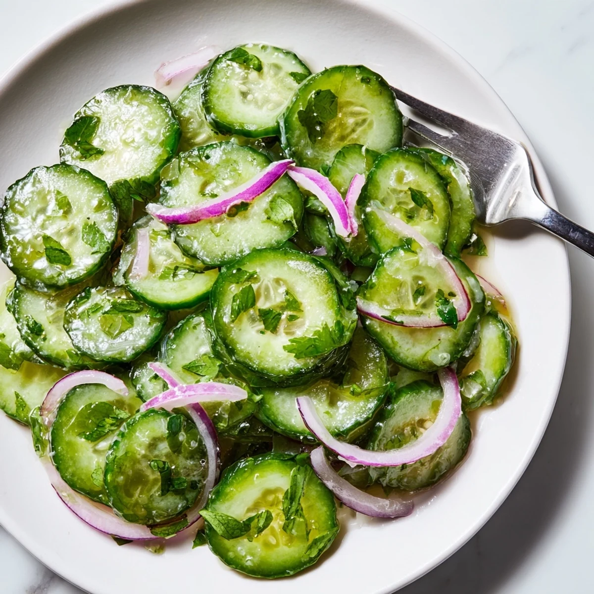 Fresh Honey Lime Cucumber Salad with crisp cucumber slices and red onion in tangy honey lime dressing