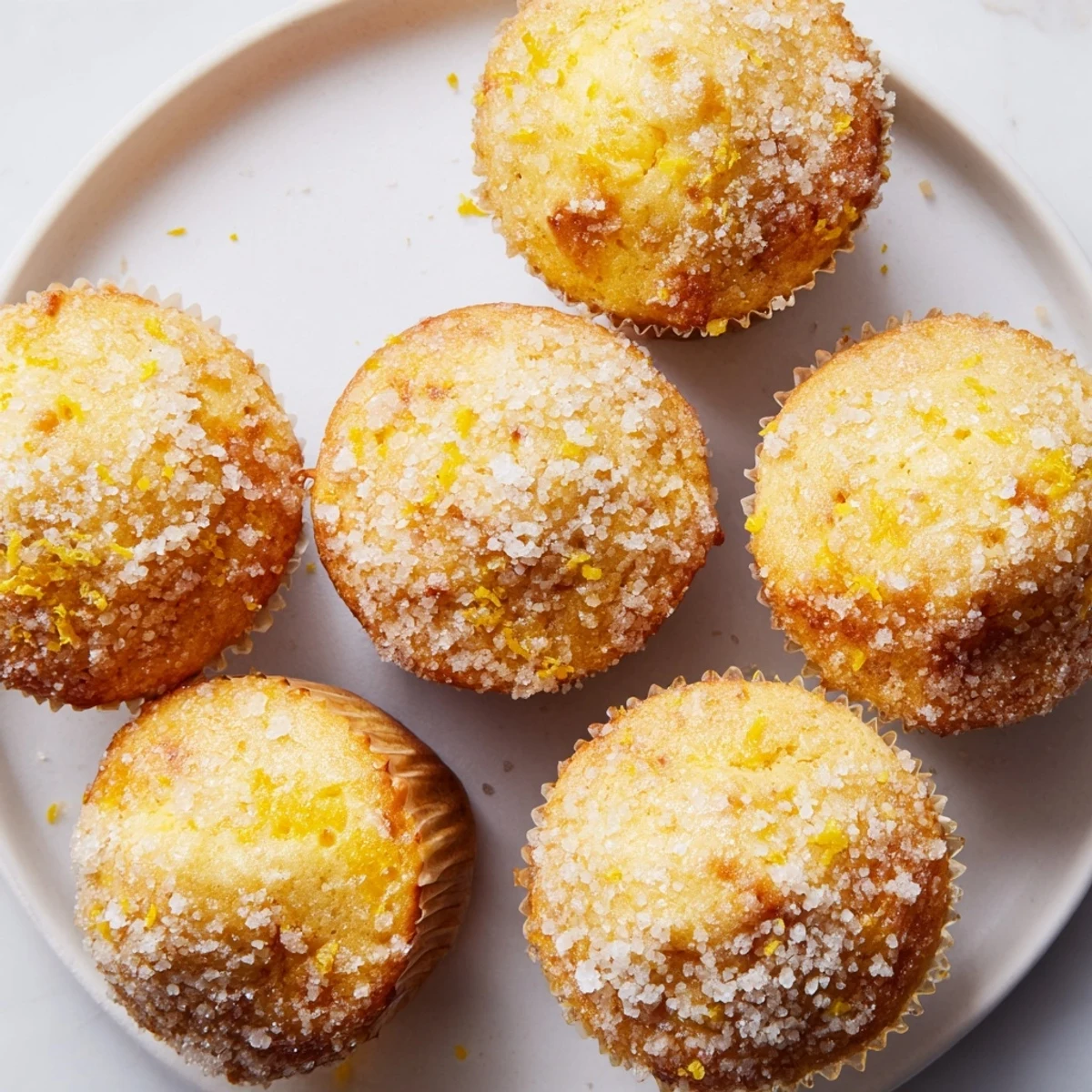 Freshly baked lemon cream cheese muffins with golden tops and sugar sprinkling on a wire cooling rack.