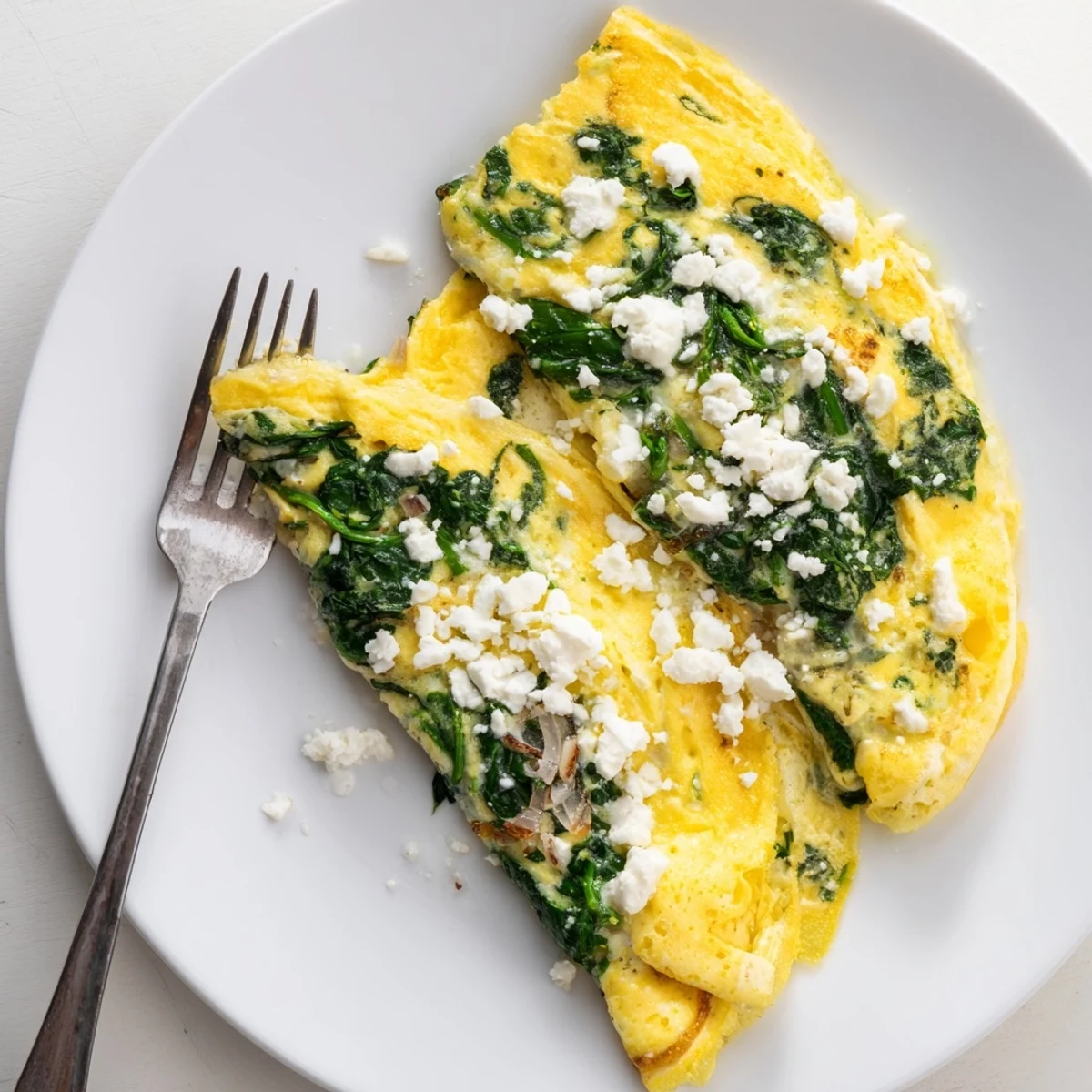 Savory omelet with fresh spinach and feta cheese ready for breakfast