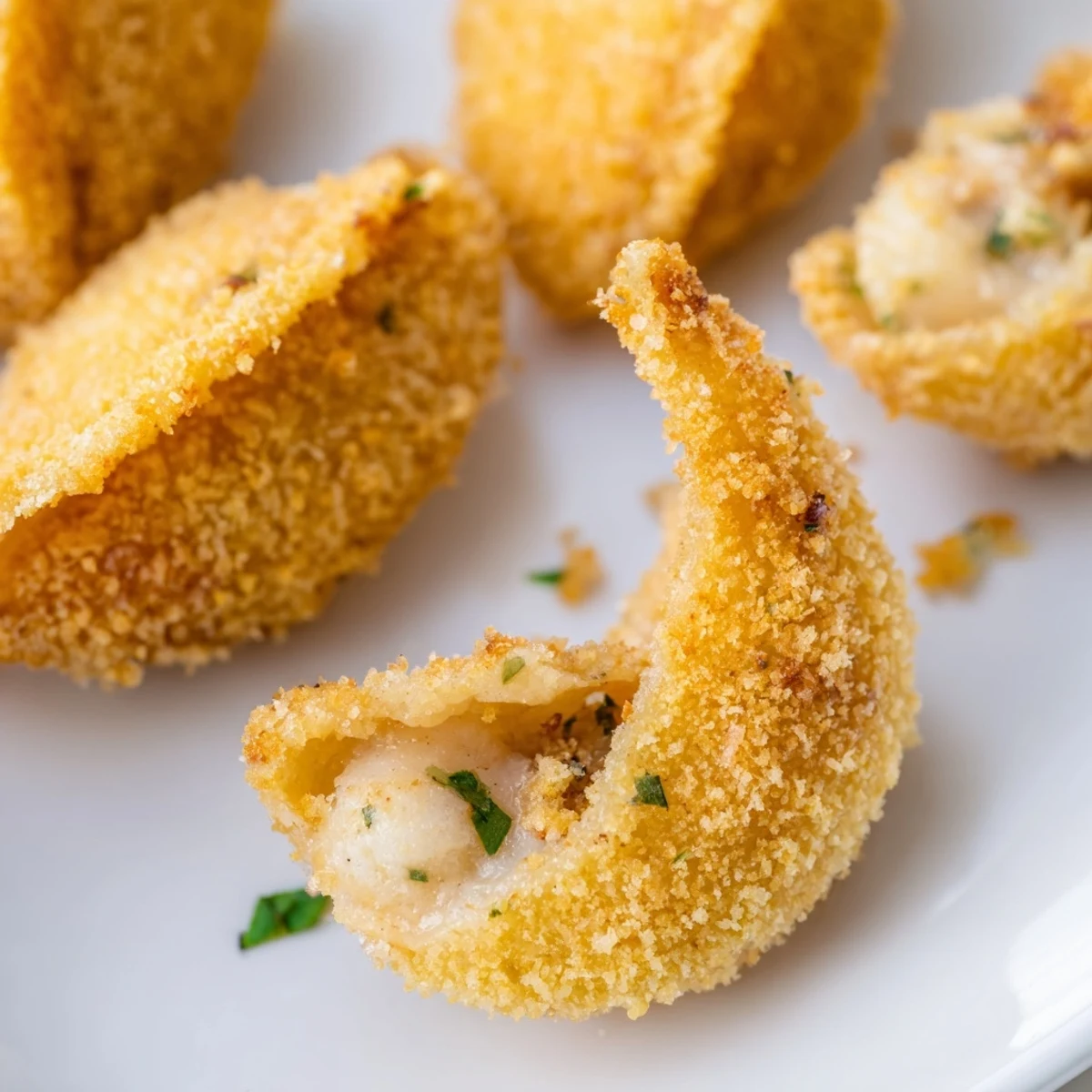 Handheld Portuguese shrimp rissois appetizer served warm with fresh lemon wedges on plate