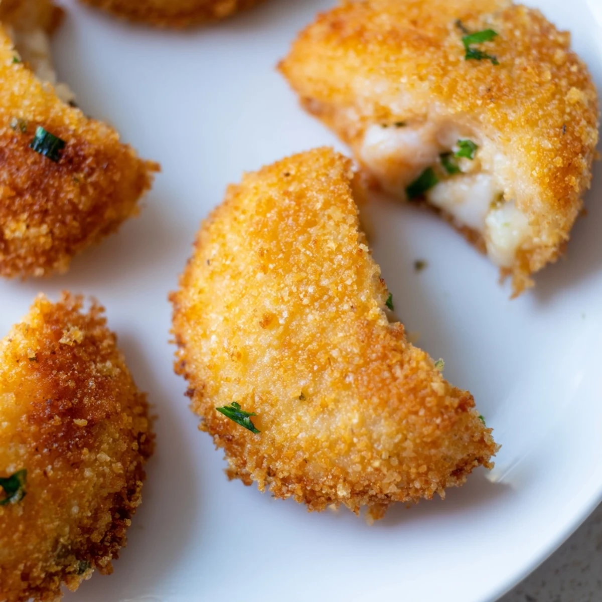 Batch of golden fried Portuguese shrimp rissois arranged on serving platter for entertaining