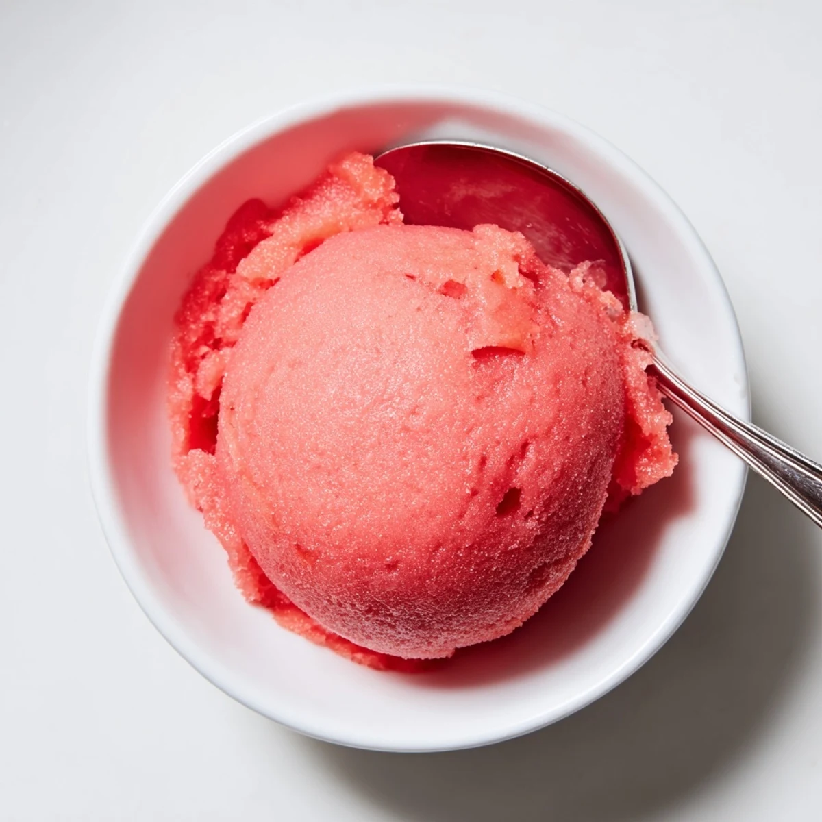 Homemade watermelon sorbet with smooth texture and bright pink color in white dessert bowl
