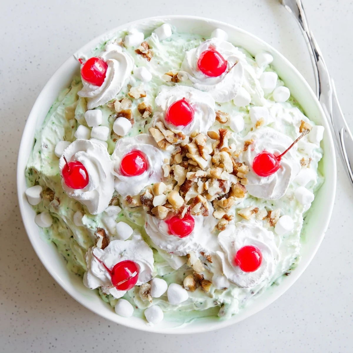 Creamy Watergate Salad dessert featuring crushed pineapple, marshmallows, and garnishes of maraschino cherries