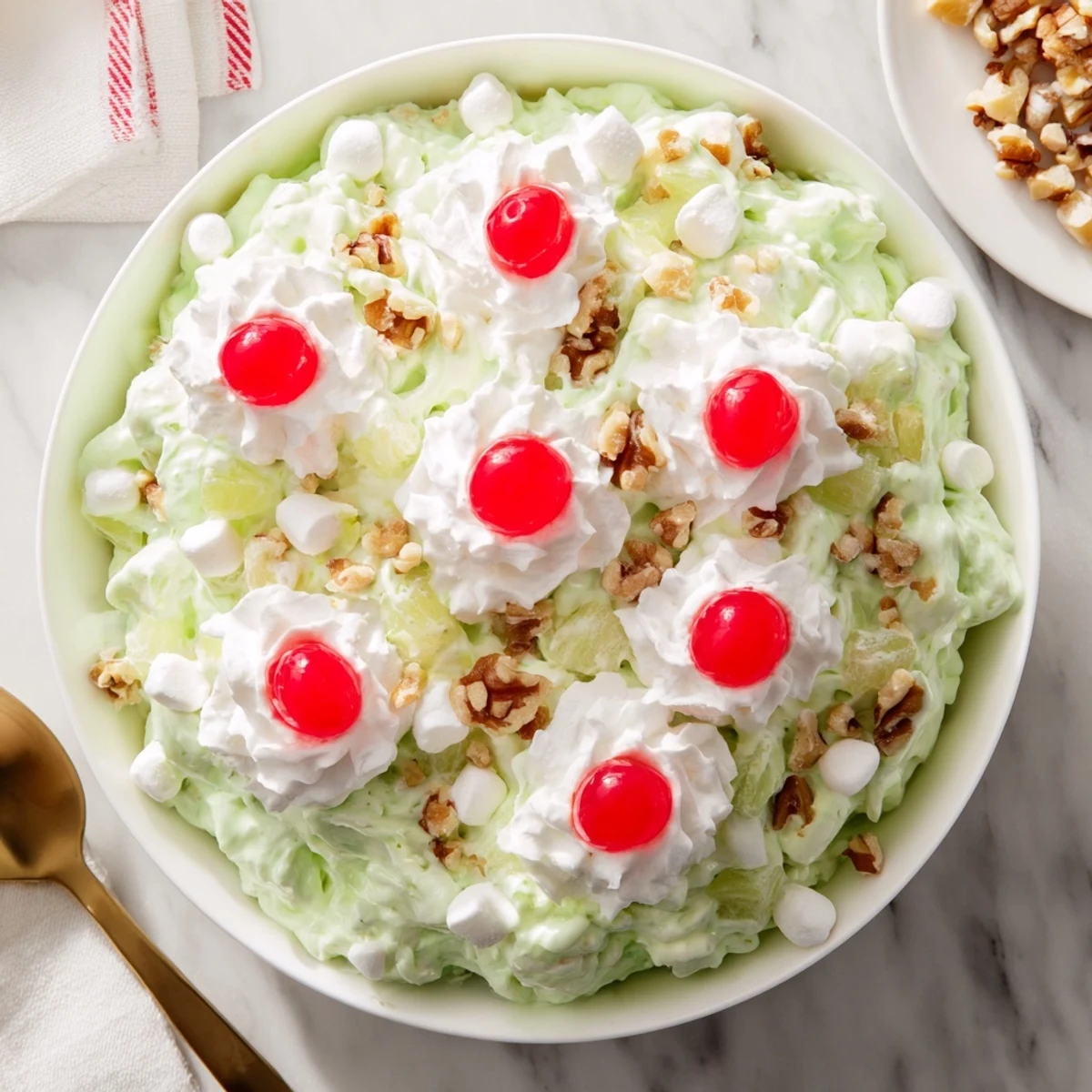 Vintage Watergate Salad served in a glass bowl with fluffy green pistachio pudding and whipped topping