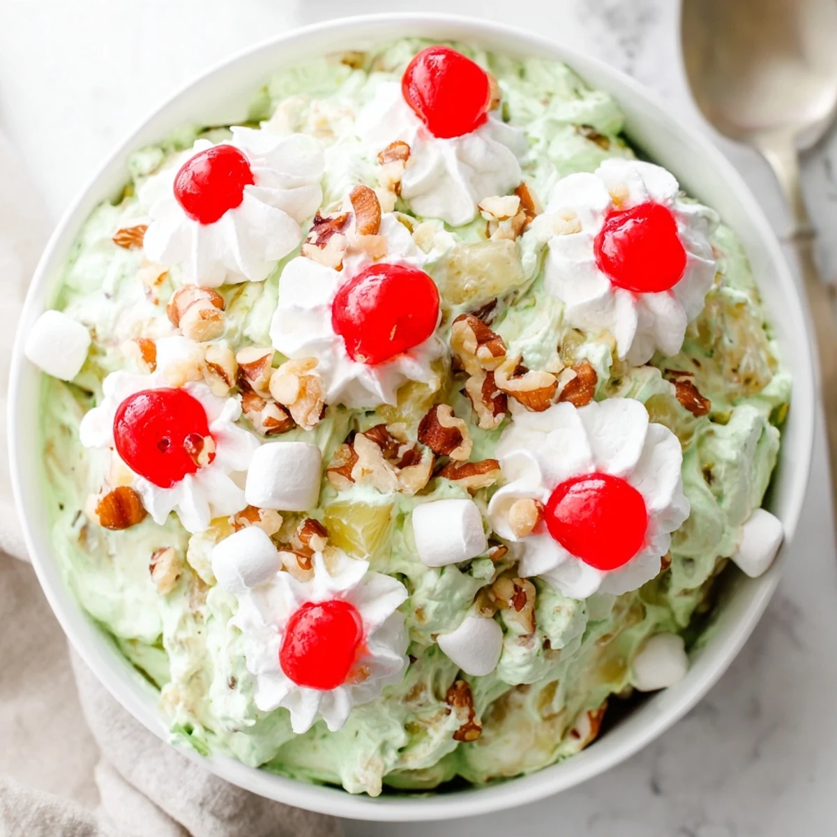 Retro Watergate Salad recipe showcasing light green pistachio mixture topped with fluffy whipped cream and nuts