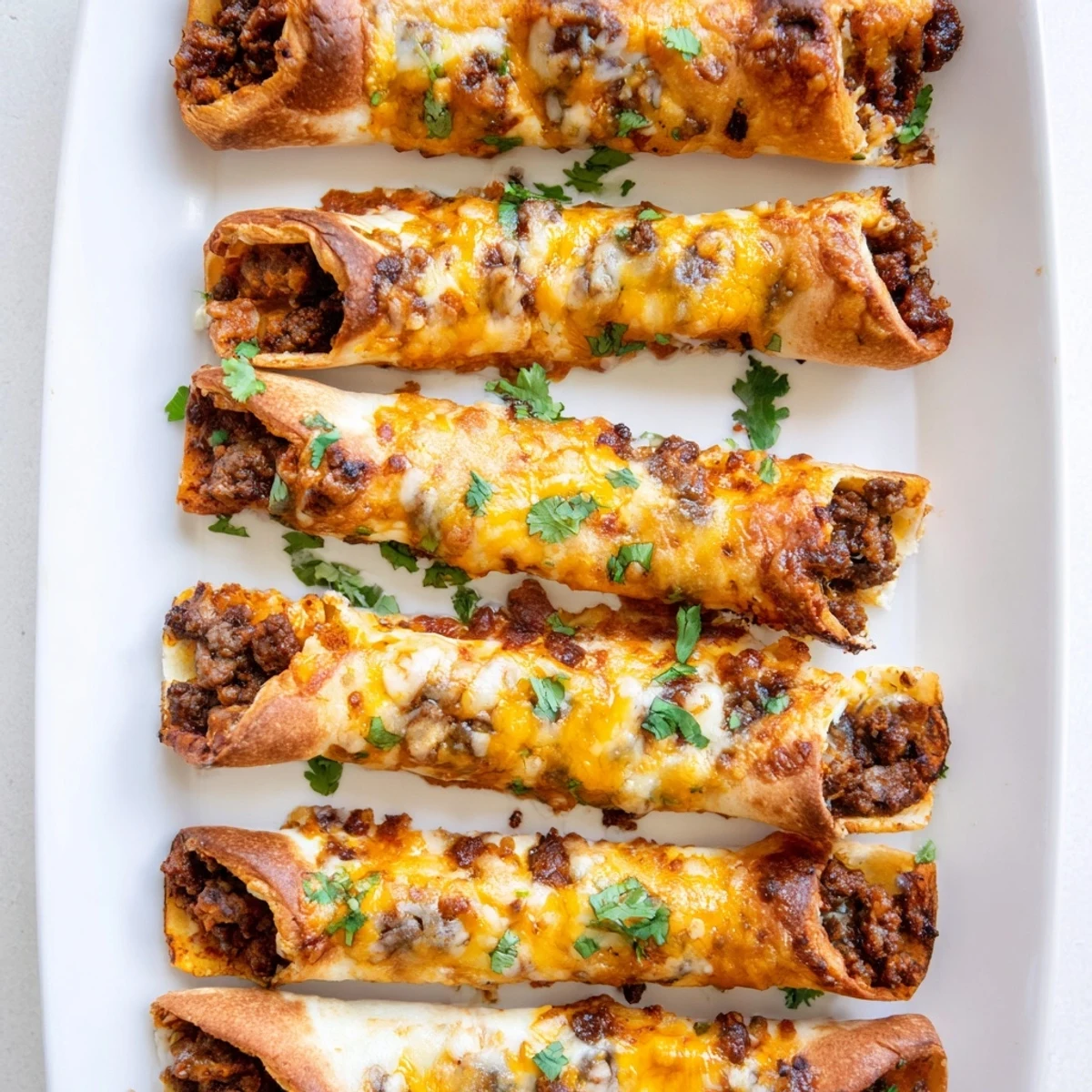Golden brown cheesy taco sticks baked until bubbly with seasoned beef and melted cheddar cheese