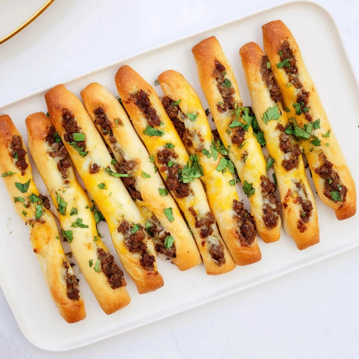 Flaky pastry wraps filled with taco seasoned meat and shredded cheese served warm with salsa