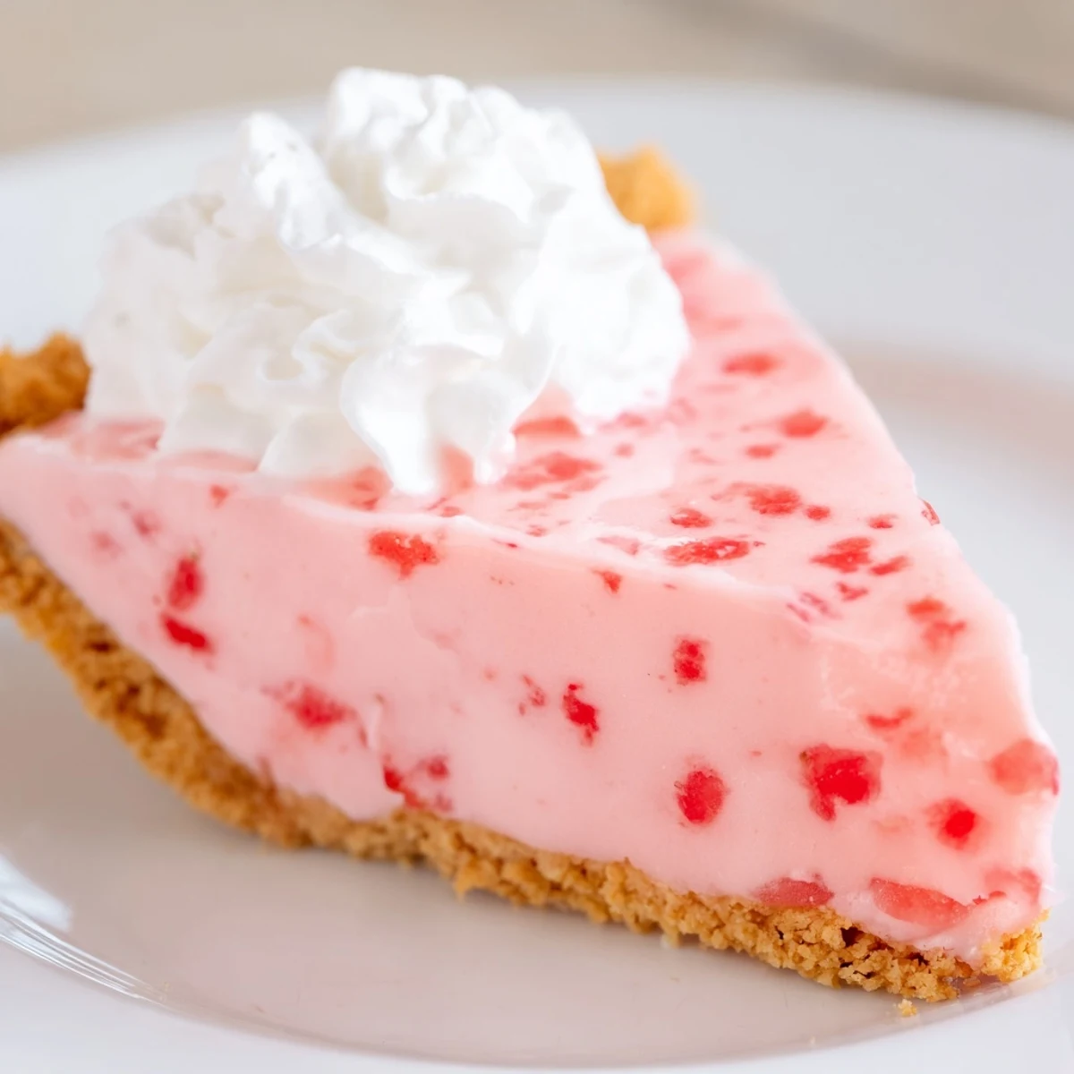 Refreshing watermelon pie slice topped with whipped cream and fresh mint leaves on white plate