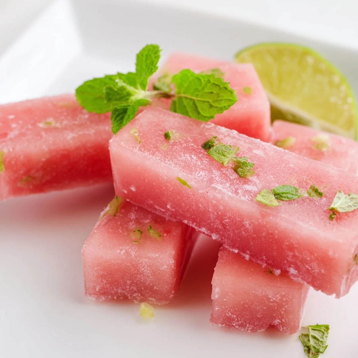 Frozen watermelon lime bars on a white plate garnished with fresh mint leaves